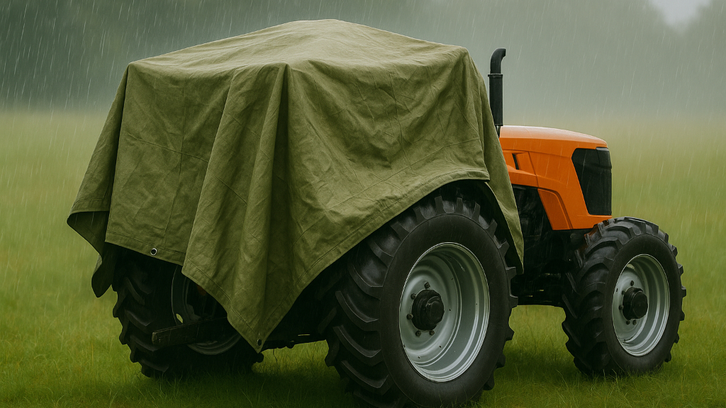 Canvas army surplus tarp covering farm tractor