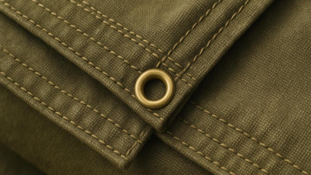 Hem and grommet detail of olive drab canvas tarp