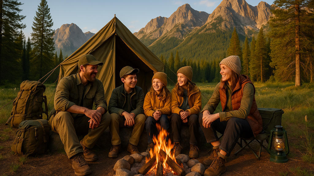 Family of outdoor enthusiasts setting up a military tent amidst a mountainous backdrop