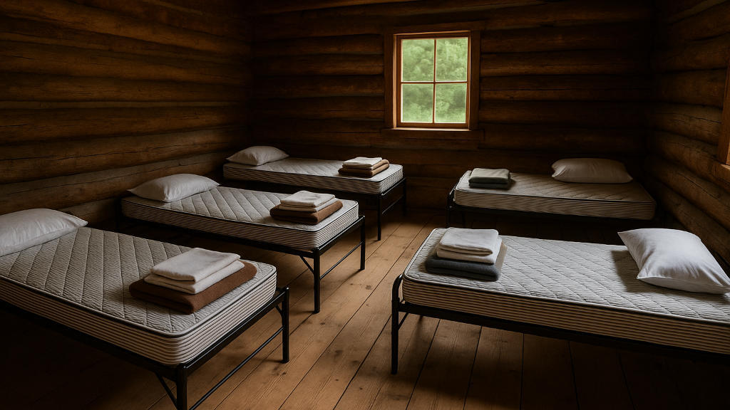 Military cot mattresses in camp cabin