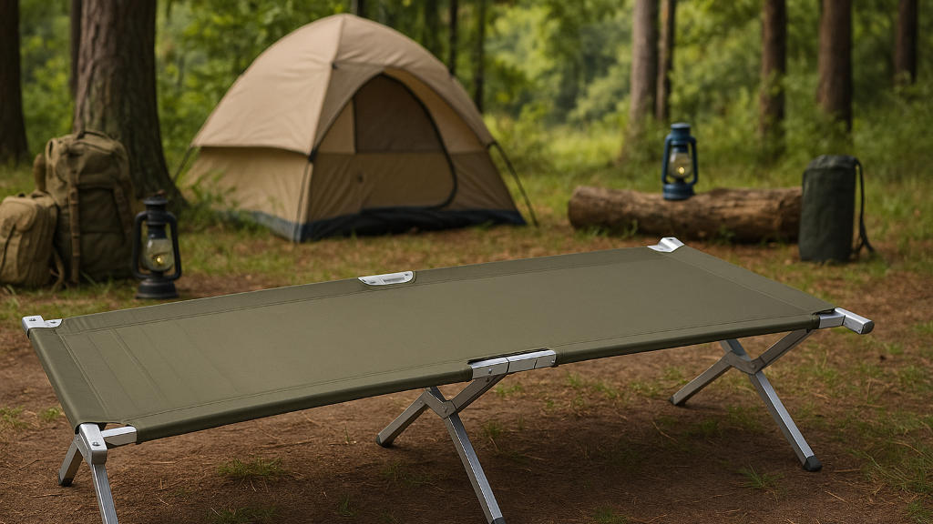 durable aluminum military cot frame, robust structure, emphasizing durability, Photorealistic High Fidelity Lifelike, army tent setting, highly detailed, sturdy elements, grey and silver, soft lighting, shot with a wide-angle lens