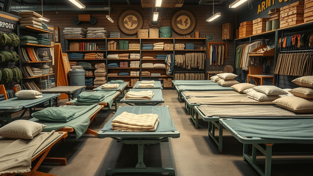 army surplus store, inviting atmosphere, displaying military cots, Photorealistic High Fidelity Lifelike, store interior, highly detailed, diverse products, earthy tones, ambient lighting, shot with a 50mm lens
